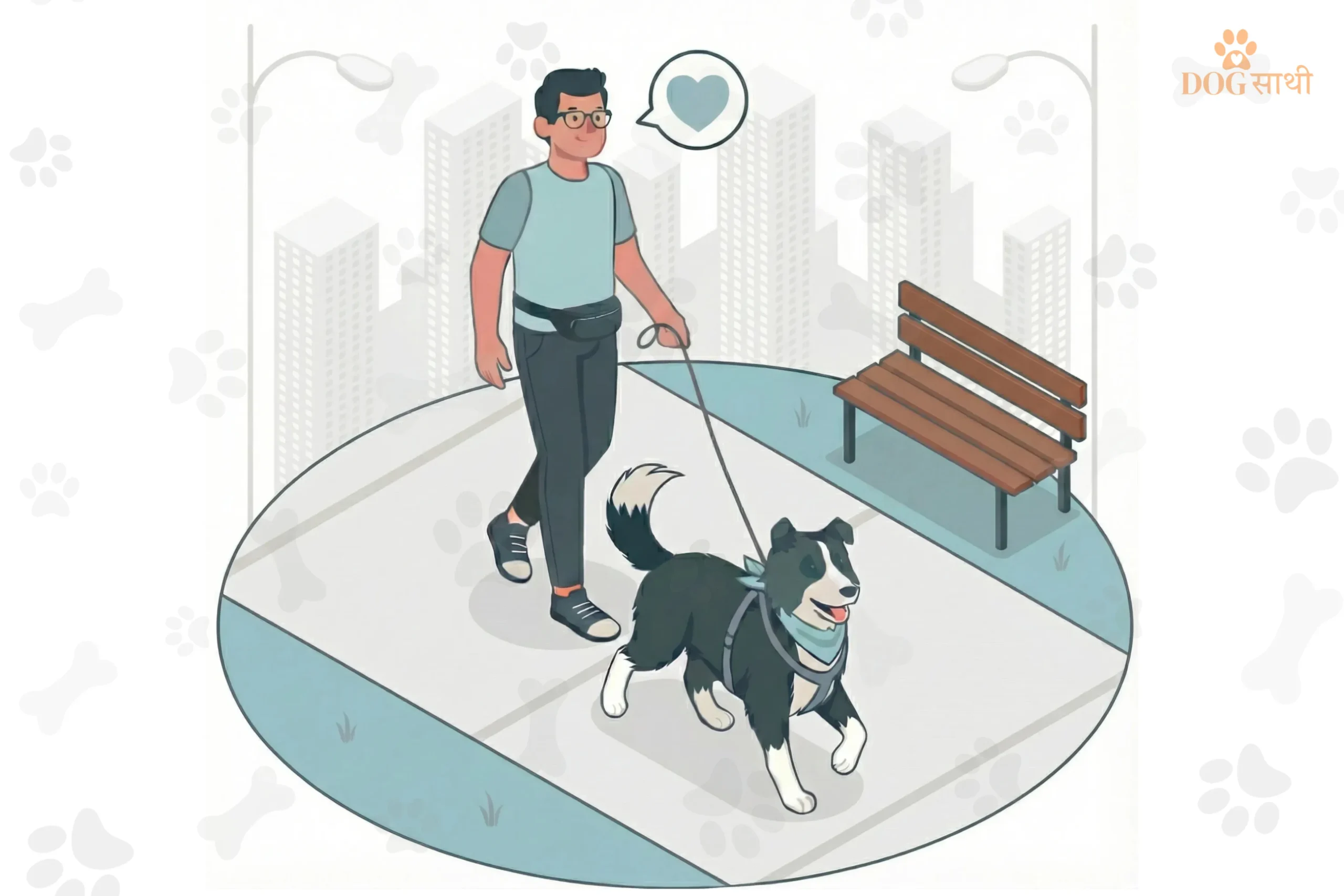Illustration of a friendly dog walker taking a happy dog for a calm park walk, representing Dog Sathi as a reliable dog walker near me